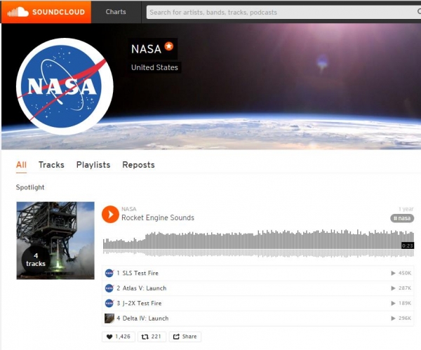 NASA의 오디오 파일을 들을 수 있는 사운드 클라우드 (https://soundcloud.com/nasa)