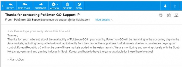 아시아 시장은 조금 기다려라, 한국은... 힘들지도 모른다는 포켓몬 GO 고객지원팀의 답변