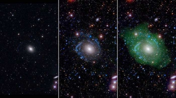 같은 은하의 다양한 이미지. Credits: NASA/JPL/Caltech/SDSS/NRAO/L. Hagen and M. Seibert