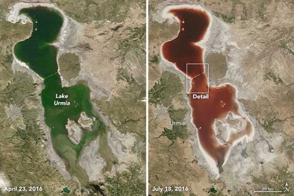 2016년 4월의 우르미아 호수(좌)와 7월의 호수(우) 위성 사진. NASA Earth Observatory images by Joshua Stevens
