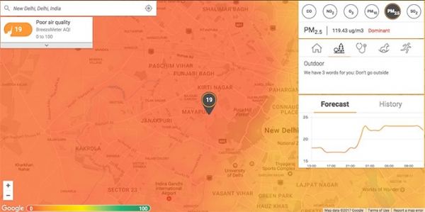 인도 뉴 델리의 끔찍한 대기 상태. 대기 수치가 19밖에 되지 않는다. Credit: BreezoMeter