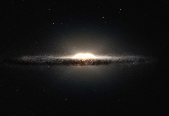 Artist’s impression of the Milky Way galaxy. The central bulge is much denser than the surrounding disk.[ESO/NASA/JPL-Caltech/M. Kornmesser/R. Hurt]
