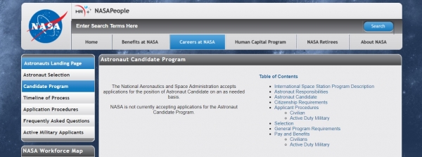 NASA 홈페이지에는 우주비행사 지원 요강이 자세히 나와 있습니다.