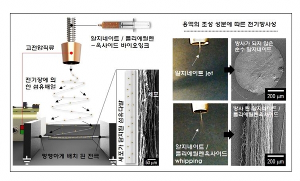 전기유체공정 모식도 및 용액에 따른 전기방사성. 출처: 한국연구재단