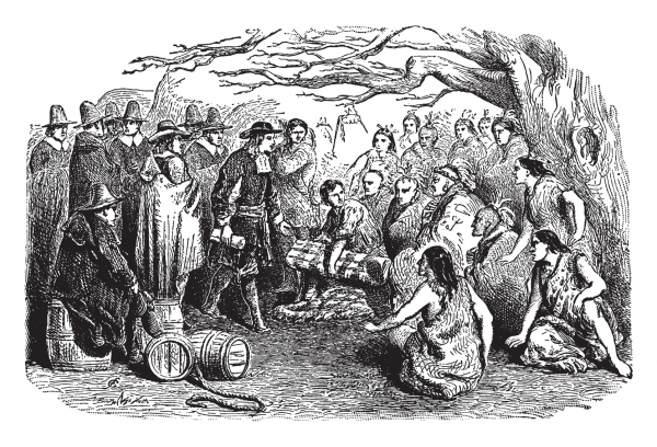 1621년 가을의 어느 날, 청교도와 인디언들이 함께 수확의 즐거움을 나눴습니다. 출처:fotolia