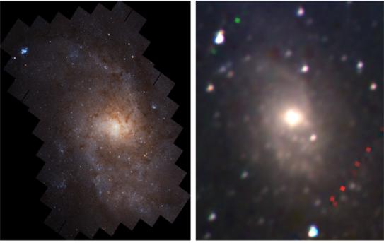 삼각형 은하에 대해 우주망원경 허블로 촬영한 영상(좌)(사진제공: 미국 NASA)과 NISS(우)로 얻은 영상 비교. 출처: 한국천문연구원