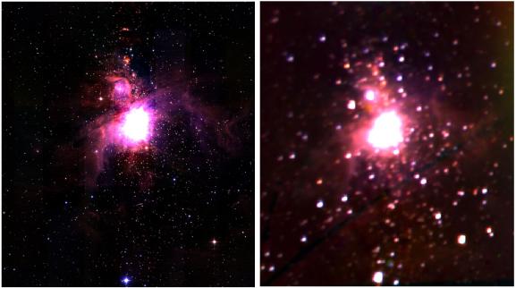 오리온성운에 대해 지상망원경 2MASS 근적외선으로 촬영한 영상(좌)(사진제공: 미국 매사추세츠대학 및 칼텍)과 NISS(우)로 얻은 영상 비교. 출처: 한국천문연구원
