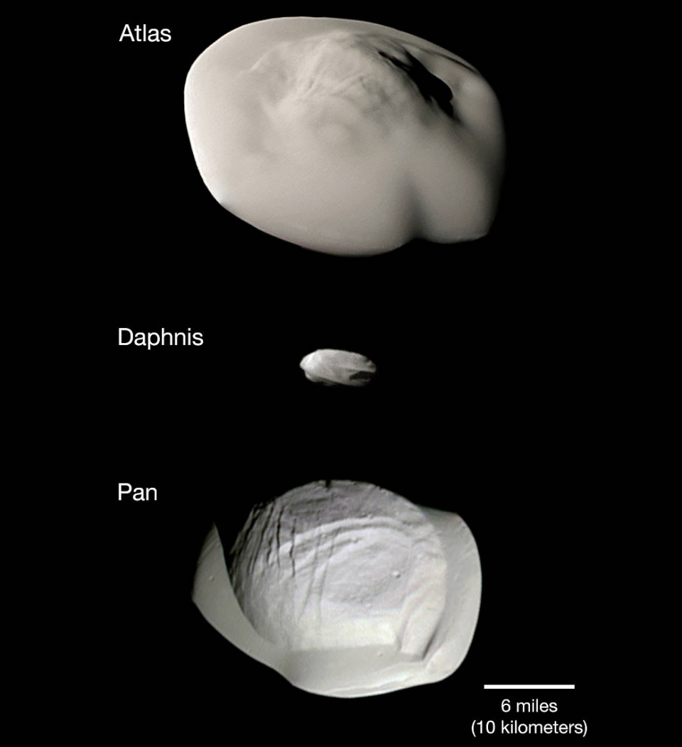 토리 고리의 간극 사이에 있는 위성, 판과 아틀라스. 출처: NASA/JPL-Caltech/Space Science Institute