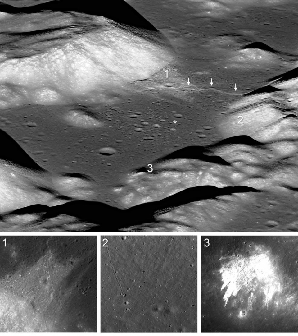 Taurus-Littrow 계곡은 Apollo 17 착륙 지점 (별표)의 위치. (1) 경사면에있는 커다란 산사태로 인해 상대적으로 밝은 암석과 레골리스(regolith)로 덮여져 있다. (2) 바위가 경사면을 따라 내려갔다. (3) 남동쪽 경사면에서 발생한 산사태. 출처: NASA/GSFC/Arizona State University/Smithsonian