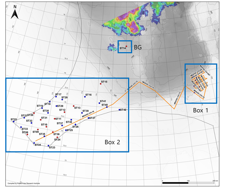 다중채널탄성파탐사측선 (오렌지색 선) 바닷물과 퇴적시료 채취 지점 (빨간․파란색 점, STxx), 척치해저고원 지역 (Box1), 동시베리아해 지역 (Box2). 출처: KOPRI