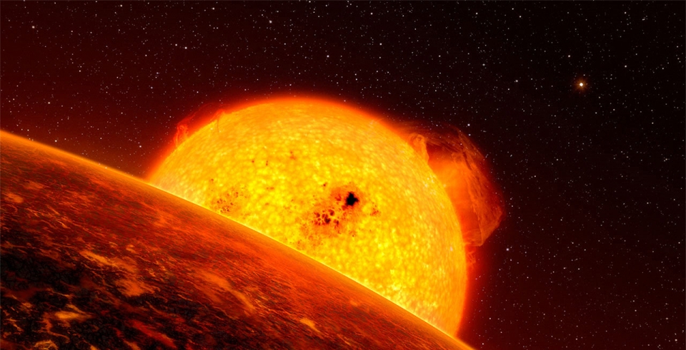 항성 근처에 있는 행성은 항성에서 나오는 중력, 바람, 복사선이 모든 가스를 날려보내거나 태우기 때문에 존재하기 힘들다. 출처: ESO/L. Calçada