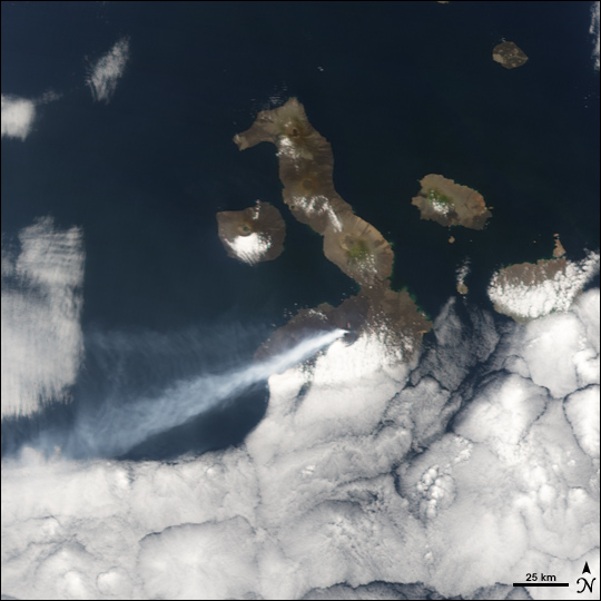 갈라파고스 제도의 시에라네그라 화산(Sierra Negra)이 2005년 10월 분화하며 나오는 화산재. 출처: NASA