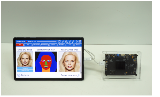 얼굴 이미지 수정 시스템을 통해 GANPU 칩의 성능을 확인. 헤어 스타일을 자연스럽게 변형하는 예. 출처: KAIST