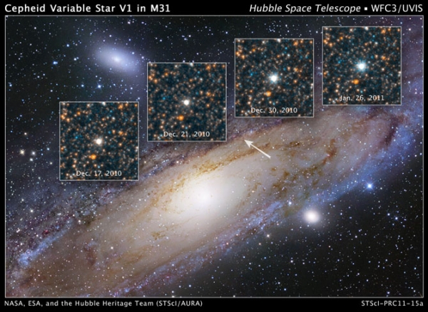 허블 변광성(V1)으로 알려진 별은 안드로메다은하에서 찾은 첫번째 맥동변광성.  출처: NASA, ESA, and the Hubble Heritage Team (STScI/AURA)