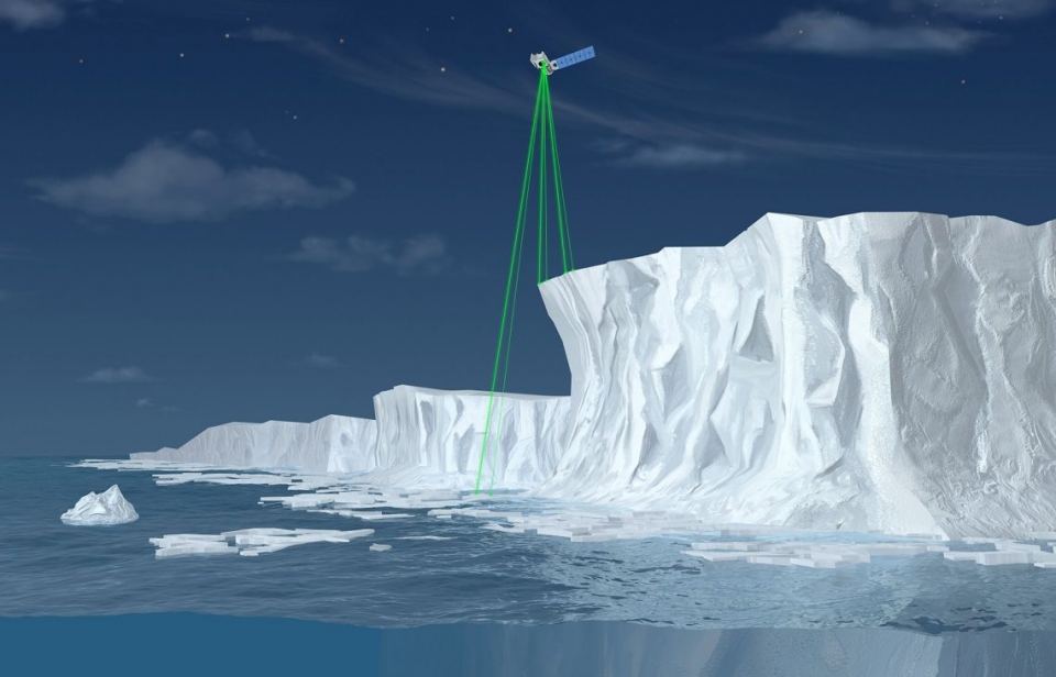 ICESat-2이 레이저(녹색)을 사용해 빙상 위 고도 측정한다. 출처: NASA, ICESat-2/SCAD Collaborative Student Project