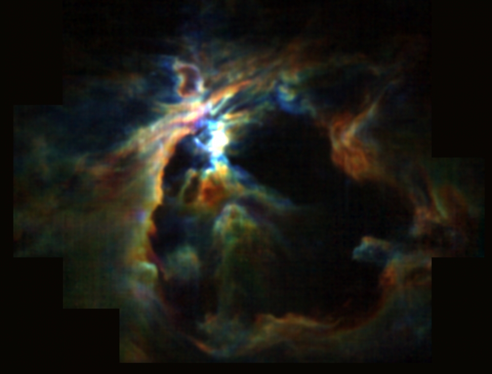 오리온성운의 중심부에 새롭게 형성된 별에서 뿜어져나오는 강력한 항성풍은 주변의 새로운 별들이 형성되는 걸 막고 있다. 출처: NASA/SOFIA/Pabst et. Al