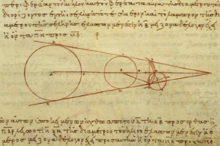 아리스타르코스가 자신의 계산에 사용한 기하학 일부를 보여준다. 출처: Wikimedia Commons.