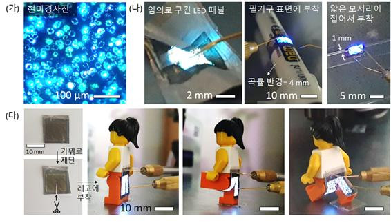 박리·변형·재단이 가능한 마이크로 LED의 발광 사진. 출처: 한국연구재단