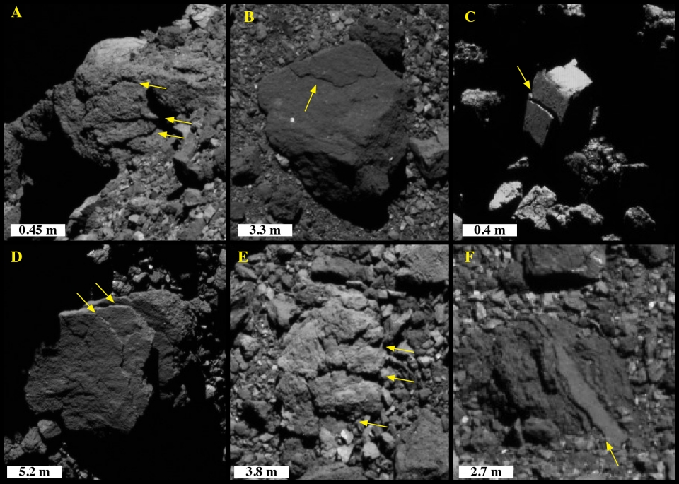 NASA의 OSIRIS-REX 우주선으로 촬영 한 이미지. 소행성 Bennu의 바위에서 박리현상이 관찰된다. 출처: NASA/Goddard/University of Arizona