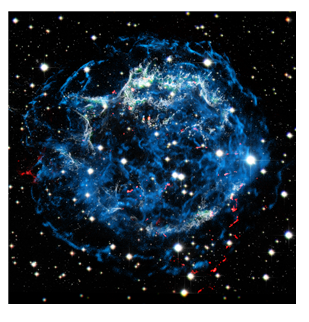 신성 잔해 Cas A의 엑스선, 광학 합성 이미지. 푸른색은 초신성 충격파에 의해 가열된 기체와 상대론적 전자들의 분포를, 붉은색은 폭발 전 별로부터 방출된 성변물질의 분포를 보여준다. 출처: 서울대학교
