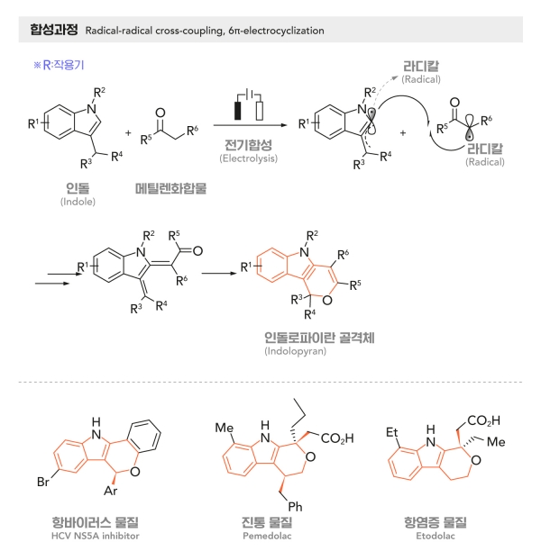 질소고리화합물인 ‘다이하이드로파이라노인돌’(인돌로파이란)의 합성 과정. 출처: UNIST