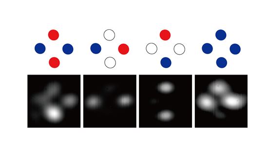 4개의 모서리 상태. 이론적으로 예측한 4개의 모서리 위상 상태(위 모식도)와 실험적으로 측정한 모서리 상태 레이저(아래 CCD 이미지 사진)의 모양. 이론과 실험이 잘 일치함을 알 수 있다.  출처: 한국연구재단