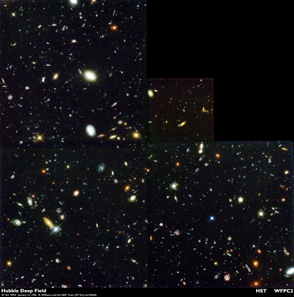 허블 딥필드 이미지는 10센트짜리 동전만한 하늘의 극히 작은 한 점을 담고 있지만 그 곳에는 적어도 1500개의 다양한 진화 단계를 가진 은하들이 들어있었다. 출처: R. Williams (STScI), the Hubble Deep Field Team and NASA/ESA 