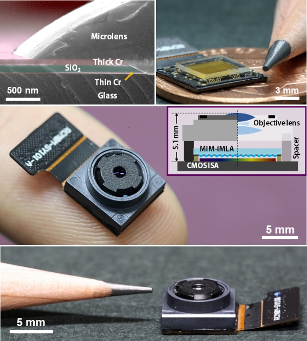 (좌-상) MEMS 공정을 통해 제작된 미세렌즈 배열의 단면 현미경 영상 (우-상) 이미지 센서와 역배열로 결합된 광 흡수층 미세배열 렌즈 사진 (하1, 2) 최종 제작된 초박형 라이트필드 카메라 사진 (전체 크기: 8.4 mm × 8.4 mm × 5.1 mm). 출처: KAIST