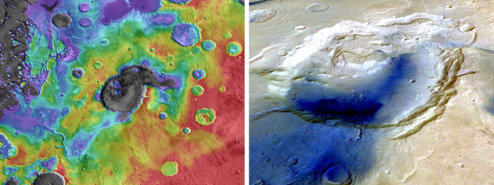 고대 화성의 화산은 격렬했던 것으로 보인다. 빨간색과 노란색은 분지를 나타내는데 주변에 비해 더 높은 고도를 가지고 있다는 것을 보여준다. 파란색과 회색은 더 낮은 고도를 보여준다. (왼), 어두운 부분은 비교적 젊은 물질이라는 것을 보여준다. (오) 출처: NASA/JPL/Goddard (left) and ESA (right)