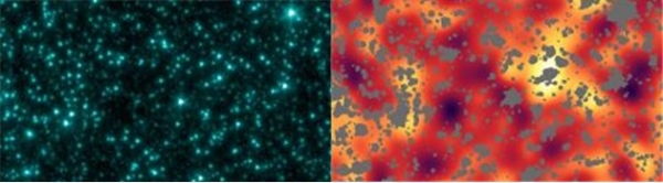 그림5. 스피처(Spitzer) 우주망원경으로 촬영한 적외선 우주배경복사 예 ©NASA/JPL-Caltech (왼쪽)스피처 우주망원경이 적외선으로 촬영한 큰곰자리 근처 영상 (오른쪽)왼쪽의 스피처 관측 영상에서 광도가 잘 알려진 별, 은하 등을 삭제하고 남은 배경을 강화한 영상. 불규칙한 배경 빛은 바로 적외선 우주배경복사 때문이다. 밝은 색상은 밝은 영역을 나타낸다.