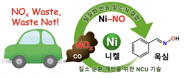 니켈을 이용한 질소 업사이클링. 질소산화물 전환 및 활용 (NOx Conversion and Utilization, NCU)에 적용할 수 있는 새로운 니켈 촉매 반응 개발에 성공하였다. 니켈 촉매를 이용하여 탈질화 반응과 탄소-질소 결합을 통해 옥심 합성에 성공하였다. 환경오염원인 질소산화물은 화학 산업에 중요한 질소 분자 합성에 이용 될 수 있으며, 본 연구는 질소산화물의 업사이클링을 통해 산업적으로 유용한 물질을 생산하는 새로운 기술을 개발한 것이다. 그림설명 및 그림제공 : 서울대학교 이윤호 교수