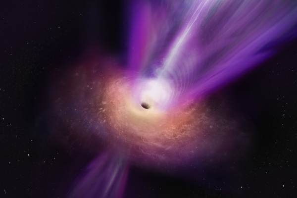 블랙홀의 부착원반과 제트를 나타낸 상상도. 원반 형태를 이루며 블랙홀로 빨려 들어가고 있는 물질들인 부착원반과 제트의 형태를 이루며 블랙홀로부터 분출된 제트를 확인할 수 있다. 출처 : 한국천문연구원