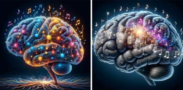 Ilustración de la musicalidad del cerebro y de la red neuronal artificial (desarrollada por investigadores con DALL·E3 AI en base al contenido del artículo)
